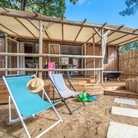 Mobilheim 6 personen - Garden 3ch-CLIM-Badewanne-TV-LV-Plancha-überdachte Terrasse-33m² | PREMIUM