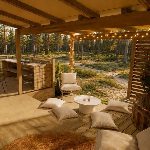 Mobilhome 4 personnes - Cocoon - 2 chambres - 2 salles de bain - PREMIUM+ -33m²- SPA-Clim-TV-lave-vaisselle-plancha-terrasse couv.-pack travel