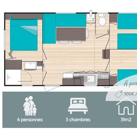 Stacaravan 6 personen - Confort Mistral 6 slaapplaatsen - 3 slaapkamers, airconditioning