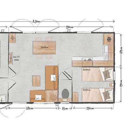 Mobilheim 4 Personen - Premium Roseau - 2 Schlafzimmer, klimatisiert, Fernseher, Geschirrspüler, Handtuchtrockner und Safe