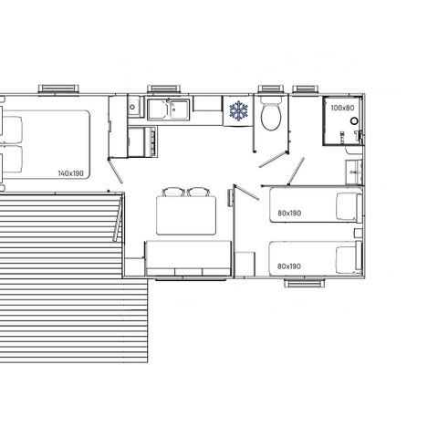 Stacaravan 5 personen - Comfort 27m² / - 2 kamers - Half overdekt terras