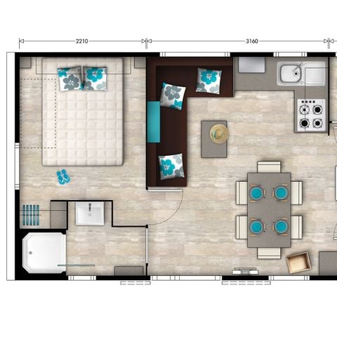 Mobilheim 6 personen - Premium | 3 Schlafz. | 6 Pers. | Erhöhte Terrasse | Klimaanlage | TV