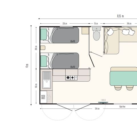 Stacaravan 4 personen -  RHONEA- 2 slaapkamers + tv + airconditioning in optie (2 volwassenen en 2 kinderen)