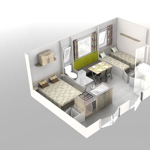 Mobilheim 4 Personen - Mobilheim 26m2 + überdachte Terrasse. 4 Pers.