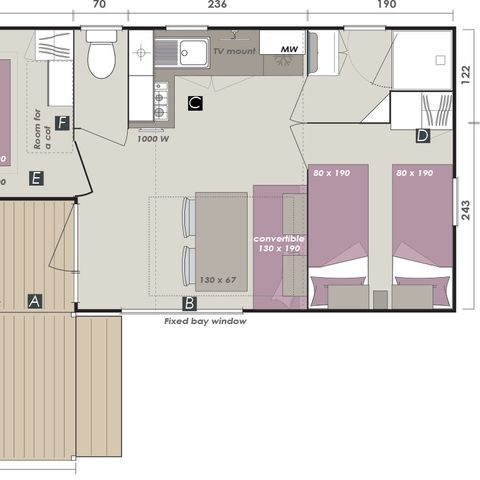 BUNGALOW 6 personnes - Comfort | 2 Ch. | 4/6 Pers. | Terrasse simple | Clim. | TV