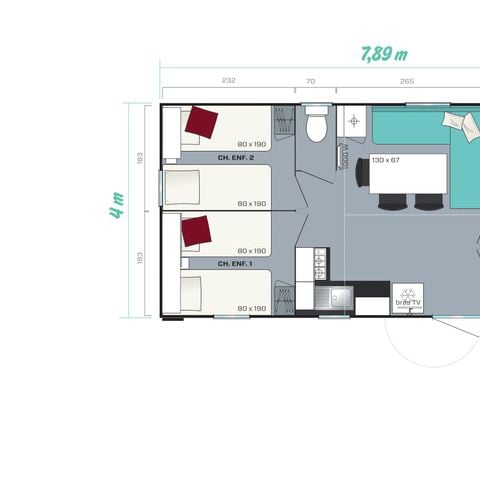 Stacaravan 8 personen - Stacaravan 28.3m² met airconditioning - 3 kamers + 22.5m² halfoverdekt terras
