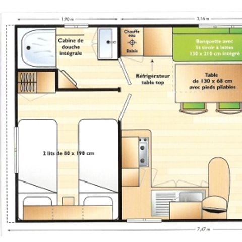 BUNGALOW 6 personnes - Mobil home 28m²  2 chambres + 15 m² terrasse semi-couverte