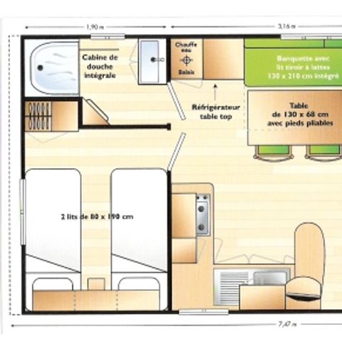 Stacaravan 6 personen - Stacaravan 28m² 2 slaapkamers + 15 m² halfoverdekt terras