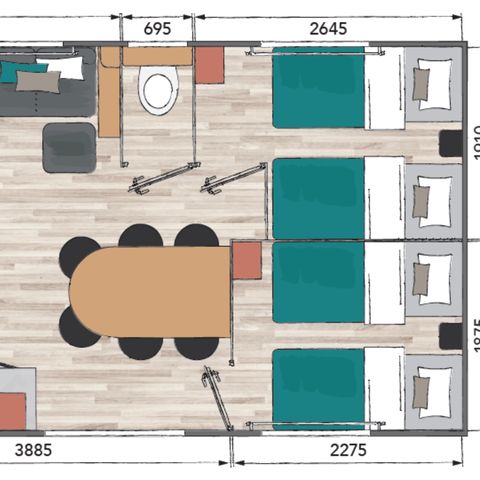 MOBILHOME 6 personas - 32m² - 3 habitaciones + 22 m² terraza semicubierta
