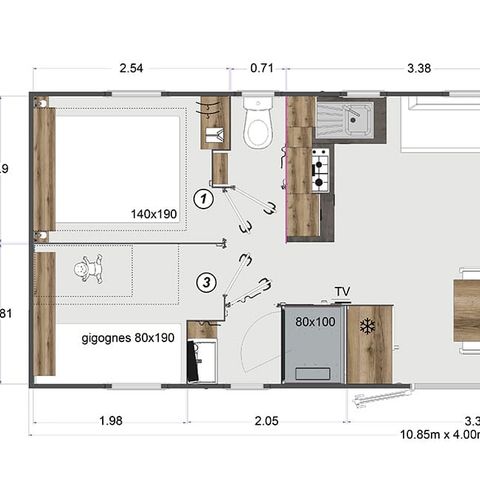 Mobilheim 8 personen - Premium-Mobilheim – 4 Schlafzimmer – 2 Badezimmer mit Klimaanlage und Geschirrspüler, für 8 Personen
