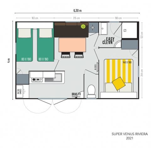 Mobile home 4 persons - 4 plus - 22m² - 2 bedrooms, semi-covered terrace