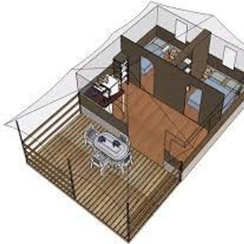 Safarizelt 5 Personen - Freeflower Confort 37m² (2 Schlafzimmer) + überdachte Terrasse 13m² - ohne Sanitäranlagen - 5 pers.