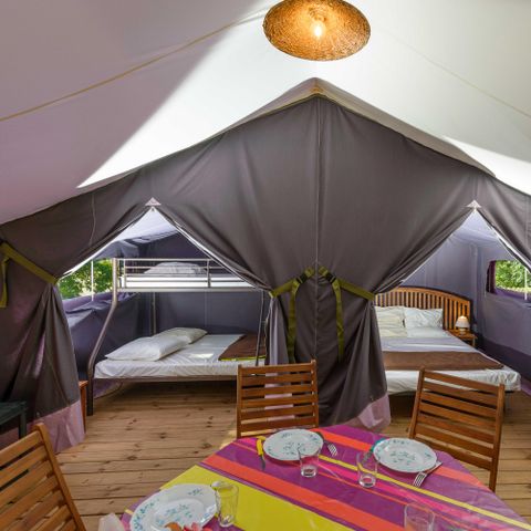 Safarizelt 5 Personen - Freeflower Confort 37m² (2 Schlafzimmer) + überdachte Terrasse 13m² - ohne Sanitäranlagen - 5 pers.