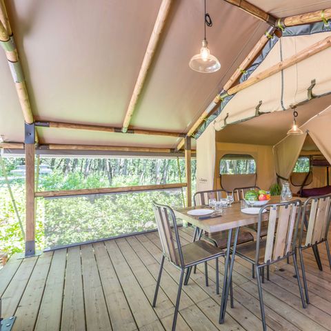 Tente en toile et en bois 5 personnes - Lodge Insolite Pinède 46m² - 2 chambres + Terrasse couverte + Plancha - 5/7 pers