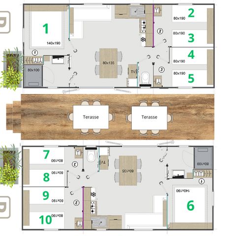 MOBILHOME 12 personnes - LODGE TWIN 12PERS 6CH 2SDB 1/12 pers 