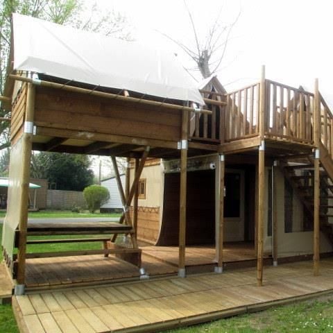 TENDA IN TELA E LEGNO 6 persone - Tenda LE NID 46 m² - 3 camere - Sanitario + Cucina