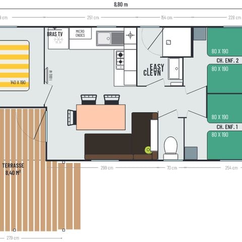 Mobile home 6 persons - Loggia Confort 27,6m² (3bed-6pers) + Covered terrace 8m² + TV + Air conditioning