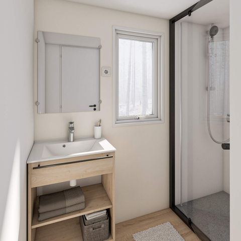 Stacaravan 2 personen - PREMIUM 20m² 1 kamer + TV+ Airco + Afwasmachine + 10m² overdekt terras