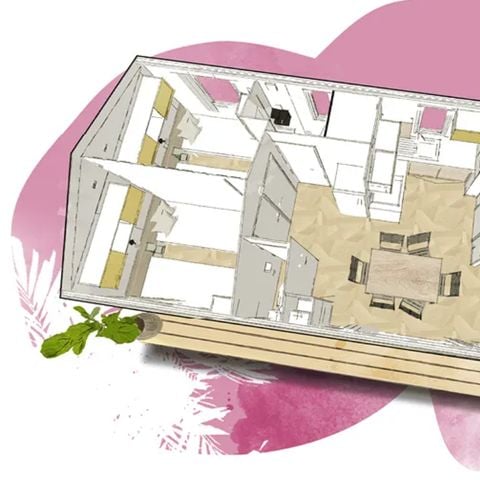 Mobilheim 14 Personen - 5 Zimmer (+ 1 Schlafcouch) - Überdachte Terrasse
