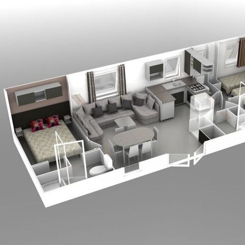 MOBILHEIM 6 Personen - Mobilheim Premium 40 m² (3 Schlafzimmer, 2 Bäder) mit überdachter Terrasse + TV