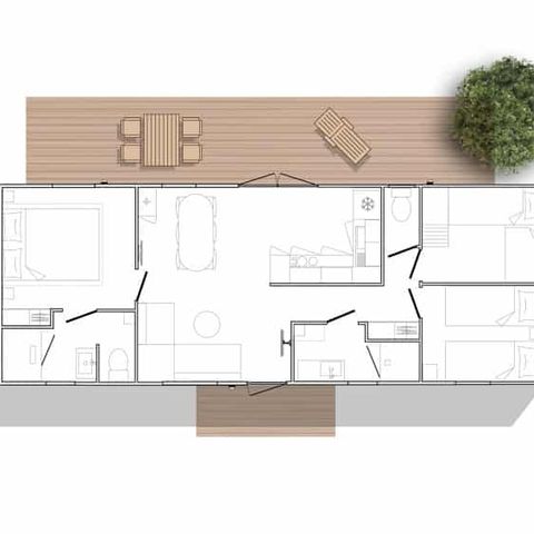 MOBILHOME 6 personnes - Mobilhome Côté Jardin Premium 40 m² (3 chambres, 2 salles de bain) avec terrasse couverte + TV + LV