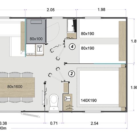 MOBILHEIM 8 Personen - Mobilheim Premium 40 m² (4 Schlafzimmer, 2 Bäder) mit überdachter Terrasse + TV + LV