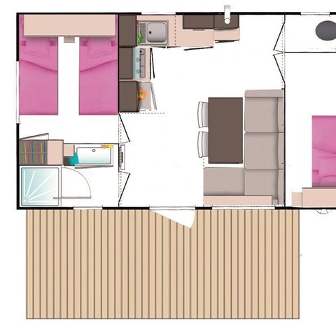 Stacaravan 4 personen - Evasion Confort Eco' 29m² + 2 kamers + 13,5m² halfoverdekt terras