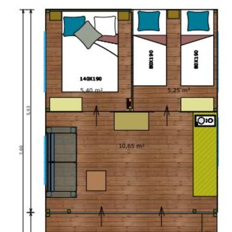 BUNGALOW TOILÉ 5 personnes - Freeflower Standard 37m² - 2 chambres - sans sanitaires - terrasse couverte de 8m² 5 pers