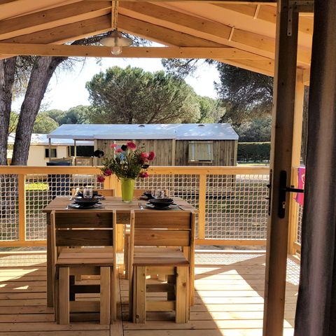 CANVAS AND WOOD TENT 4 people - Cosyflower Premium 38m² - 2 bedrooms + TV + sheets + towels + semi-covered terrace 11m² 4/5 pers