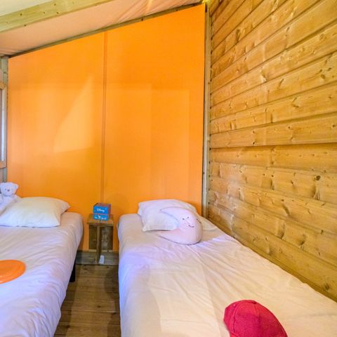 Tente en toile et en bois 4 personnes - Cosyflower Premium 38m² - 2 chambres + TV + draps + serviettes + terrasse semi-couverte 11m² 4/5 pers