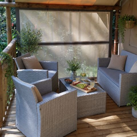 Tente en toile et en bois 4 personnes - Tente Lodge - 2 chambres + terrasse - avec sanitaires