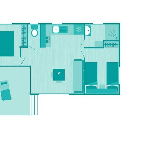 Mobilheim 6 Personen - Comfort | 2 Zi. | 4/6 Pers. | Erhöhte Terrasse | Klimaanlage | TV
