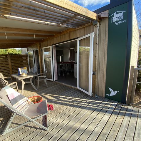 Mobilheim 4 Personen - Homeflower Premium 29 m² (4p-2ch) Clim, Tv, Geschirrspüler, XXL Terrasse