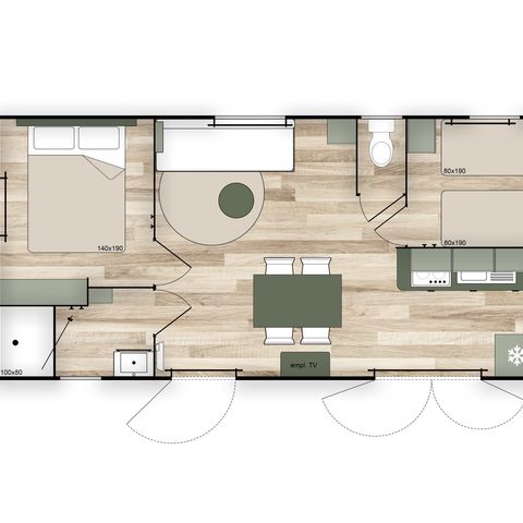 Mobile home 4 persons - Mobil-home PREMIUM 4p (33m²) , 2 bedrooms, air conditioning, TV, dishwasher, terrace, Queen Size bed