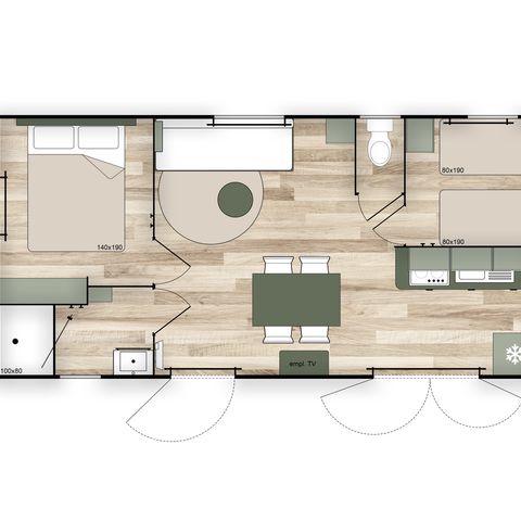 Mobilheim 4 Personen - Mobilheim PREMIUM 4p (33m²) , 2 Schlafzimmer, Klimaanlage, TV, Geschirrspülmaschine, Terrasse, Queen Size Bett