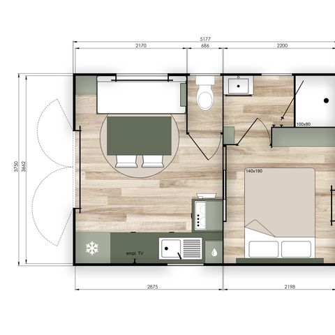 CASA MOBILE 2 persone - Casa mobile PREMIUM 2p (20m²) , 1 camera da letto, aria condizionata, TV, terrazza, letto queen size