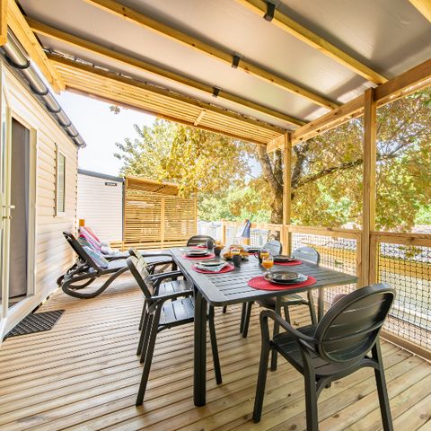 Mobilheim 6 personen - Premium 32m² 3 Schlafzimmer - Halboffene Terrasse - KLIMA + TV + Bettwäsche + Handtücher inklusive