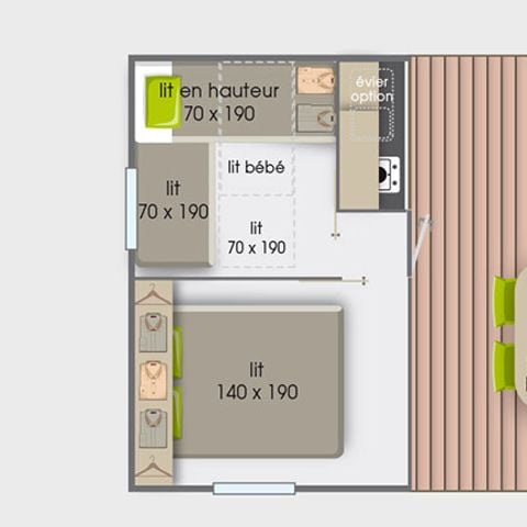 Bungalow toilé 5 personnes - Tithome 21m² - Standard - 2 chambres - Sans sanitaire - Terrasse toilée
