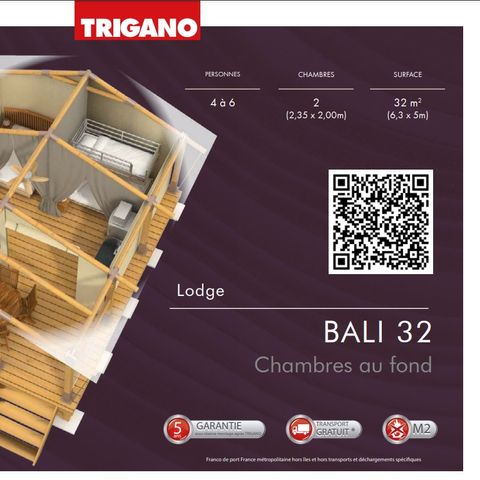 TIENDA DE LONA Y MADERA 4 personas - Safari Bali 35m² - Estándar - 2 habitaciones - Terraza - instalaciones sanitarias individuales cercanas