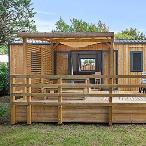 Mobilheim 6 Personen - Premium | 3 Zi. | 6 Pers. | Erhöhte Terrasse | 2 Bäder | Klim.