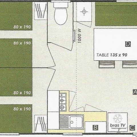Mobilhome 6 personas - Confort + 32m² (3 habitaciones) + terraza cubierta