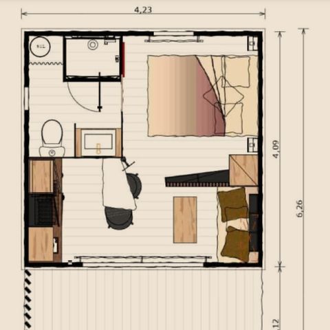 Chalet 2 personen - Premium-Holz 16m² - 1 Schlafzimmer + überdachte Terrasse 8m² + TV + KLIMAANLAGE