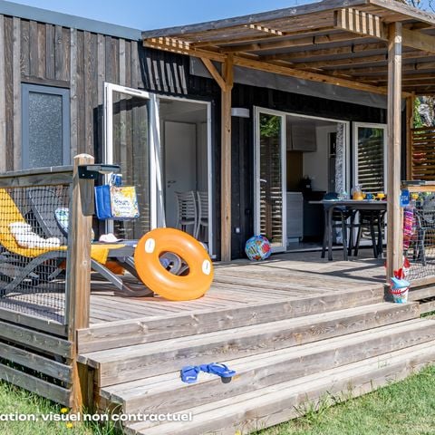 Mobilheim 4 personen - NEW // Homeflower Premium CLIM 29m² (2 Schlafzimmer) + halbüberdachte Terrasse + TV + Bettwäsche + Handtücher 4 Pers.