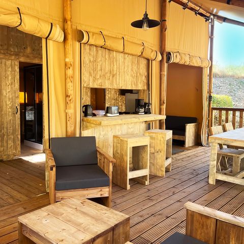 Safarizelt 4 personen - Glamping Lodge PREMIUM 34m² - 2 Schlafzimmer - TV - Klimaanlage - überdachte Terrasse -.