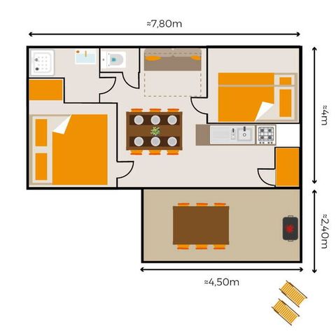 Bungalow 6 Personen - Mobilheim | Classic | 2 Zi. | 4/6 Pers. | Hochterrasse | TV