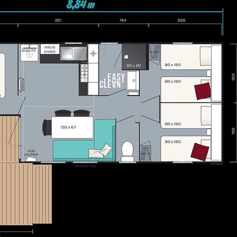 Mobilhome 4 personas - MH3 Terraza Premium, con instalaciones sanitarias