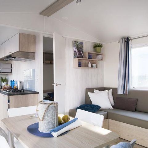 Stacaravan 5 personen - remium 30m² (2 kamers) + overdekt terras 10m² + lakens + handdoeken + LV + TV 4/5 pers.