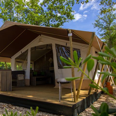 TIENDA DE LONA Y MADERA 4 personas - Bijela Uvala - Tienda safari + instalaciones sanitarias + aire acondicionado (5P)
