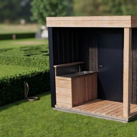 Stellplatz - Pauschale: Stellplatz PREMIUM (Holzstruktur 3,76m2 mit Kochecke, Top-Kühlschrank und eigenem Bad)