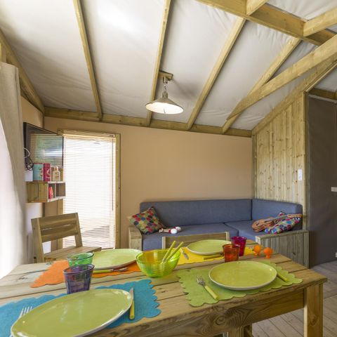 Safarizelt 4 Personen - Sweetflower auf Stelzen Comfort 43m² (2 Zimmer) + halbüberdachte Terrasse 11 m² + TV - 4 pers.